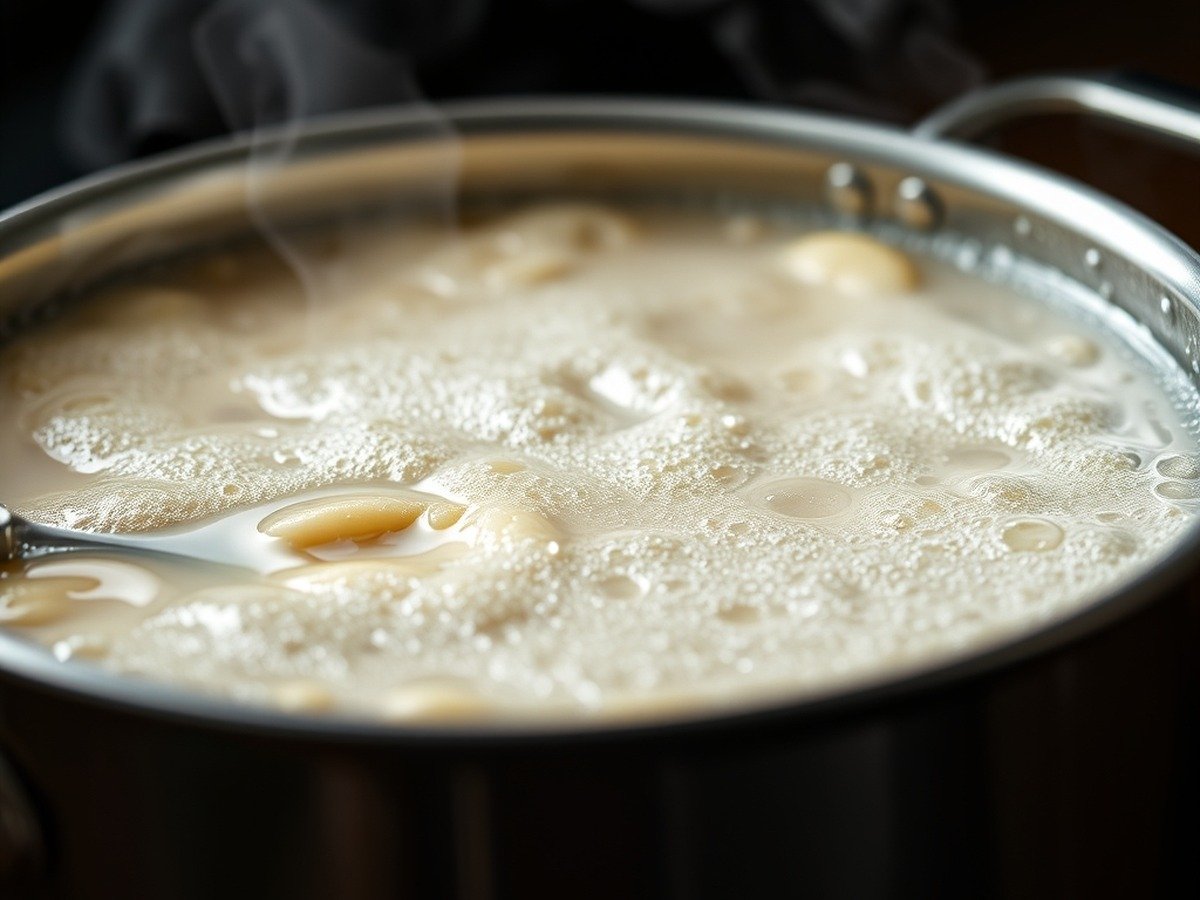Can you save a curdled Alfredo sauce with pasta water? preparation close-up - Macro photography of starchy pasta water bubbling in a stainless steel pot with steam rising.