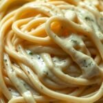 Can you save a curdled Alfredo sauce with pasta water? recipe hero presentation - A close-up shot of a copper skillet filled with creamy fettuccine alfredo, showing a glossy sauce co