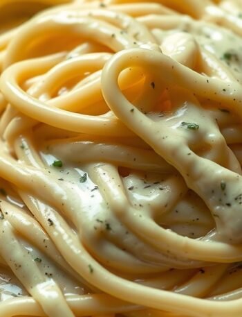 Can you save a curdled Alfredo sauce with pasta water? recipe hero presentation - A close-up shot of a copper skillet filled with creamy fettuccine alfredo, showing a glossy sauce co
