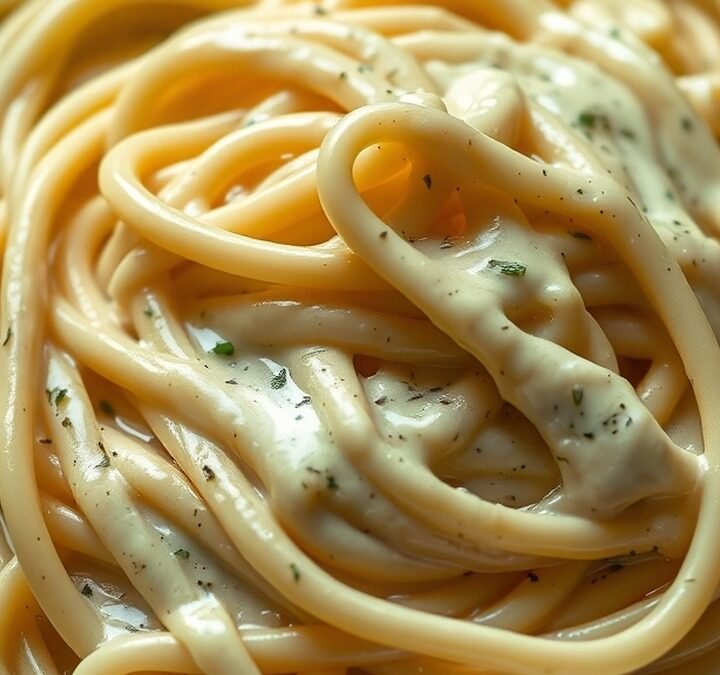 Can you save a curdled Alfredo sauce with pasta water? recipe hero presentation - A close-up shot of a copper skillet filled with creamy fettuccine alfredo, showing a glossy sauce co