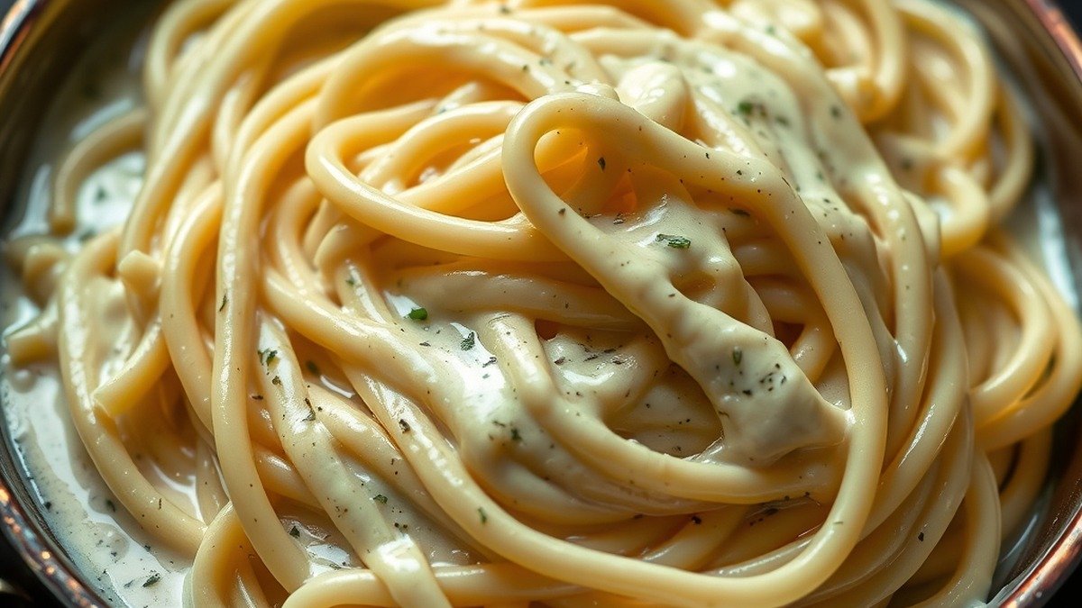 Can you save a curdled Alfredo sauce with pasta water? recipe hero presentation - A close-up shot of a copper skillet filled with creamy fettuccine alfredo, showing a glossy sauce co
