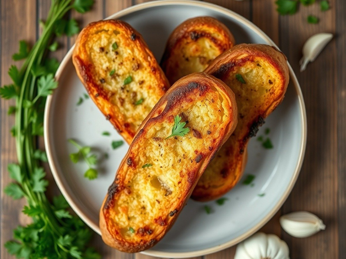 Can you toast frozen garlic bread in the air fryer? cooking process - An overhead flat lay of a plate filled with freshly air-fried frozen garlic bread accompanied by fre