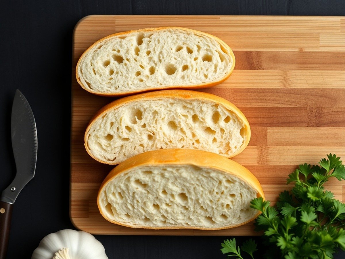 Can you toast frozen garlic bread in the air fryer? final dish overhead - A minimalist food photograph of raw frozen garlic bread slices laid out neatly on a cutting board, r