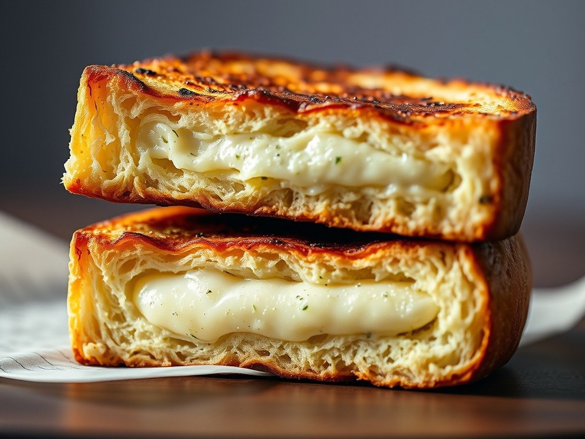 Can you toast frozen garlic bread in the air fryer? plating and garnish - A side-angle view of a thick slice of Texas toast garlic bread cut in half, revealing a steaming, so