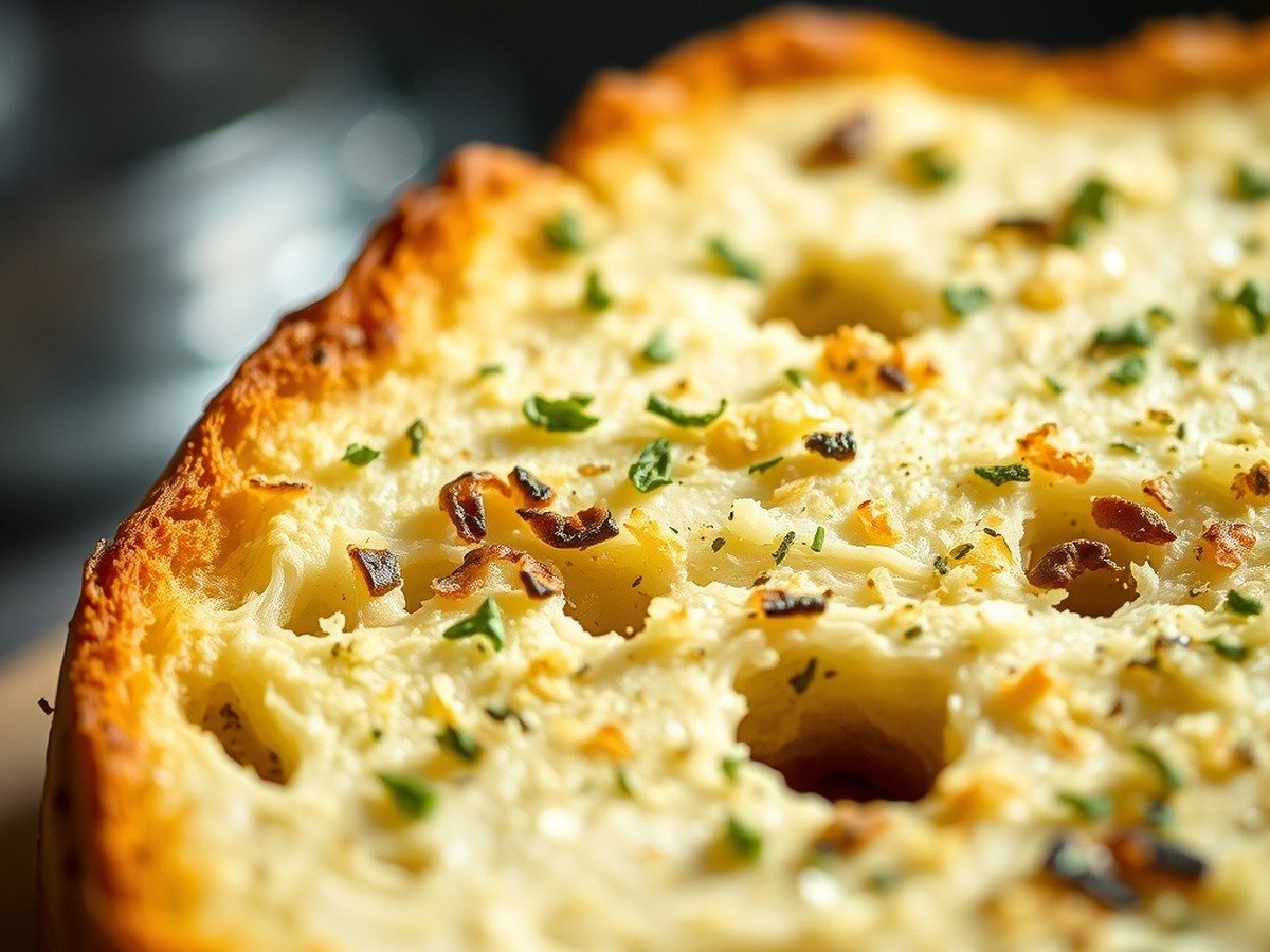 Can you toast frozen garlic bread in the air fryer? preparation close-up - Macro photography of a crispy garlic bread crust showing fine herb flakes and toasted edges under br