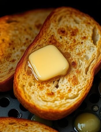 Can you toast frozen garlic bread in the air fryer? recipe hero presentation - A close-up shot of golden-brown frozen garlic bread slices being toasted inside a modern air fryer b