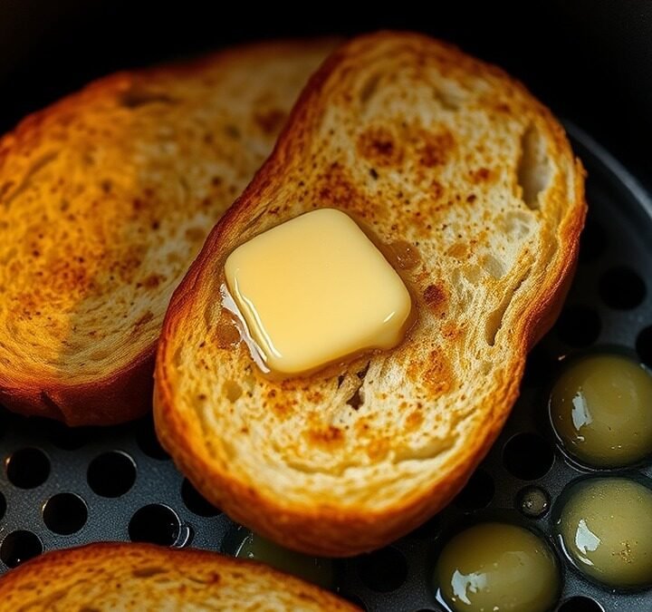 Can you toast frozen garlic bread in the air fryer? recipe hero presentation - A close-up shot of golden-brown frozen garlic bread slices being toasted inside a modern air fryer b