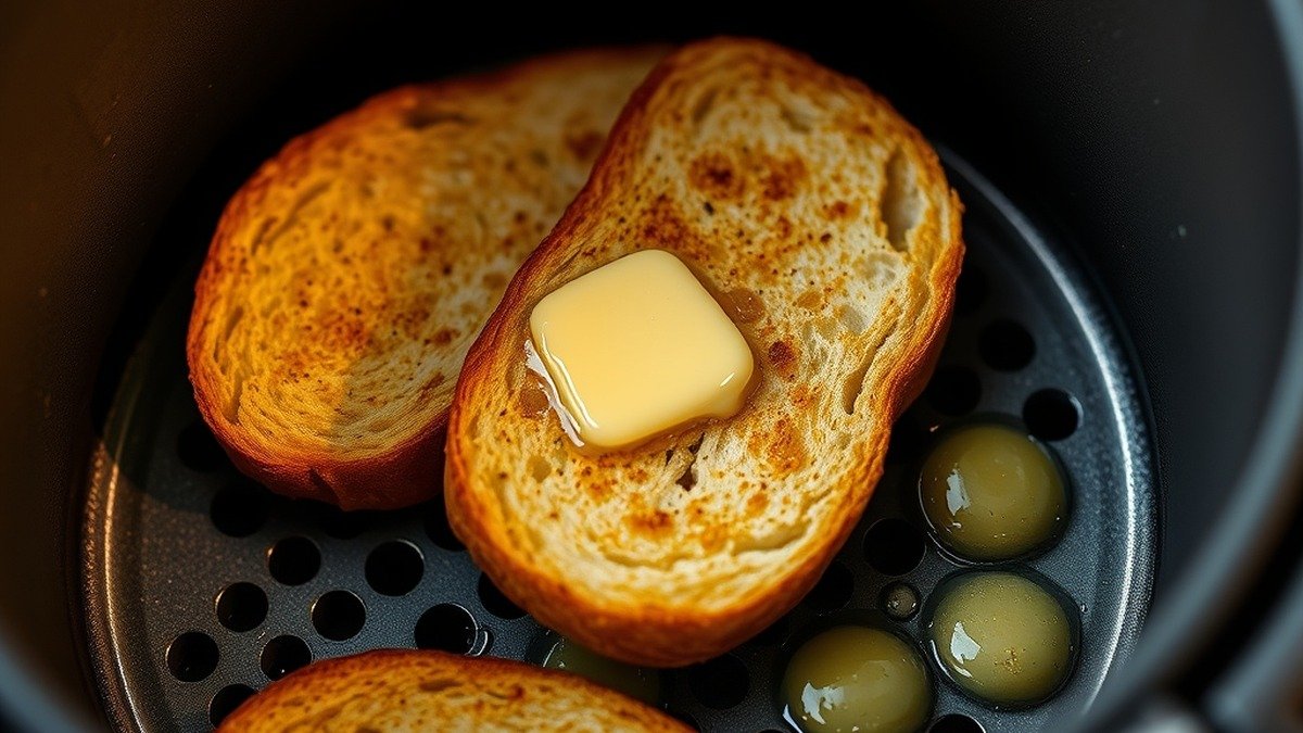 Can you toast frozen garlic bread in the air fryer? recipe hero presentation - A close-up shot of golden-brown frozen garlic bread slices being toasted inside a modern air fryer b