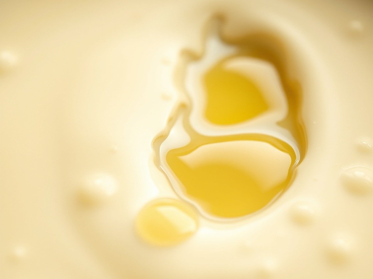 Can you use cornstarch to rescue a broken dairy sauce? cooking process - A macro shot of a broken dairy sauce showing separated oil droplets and grainy texture before any re
