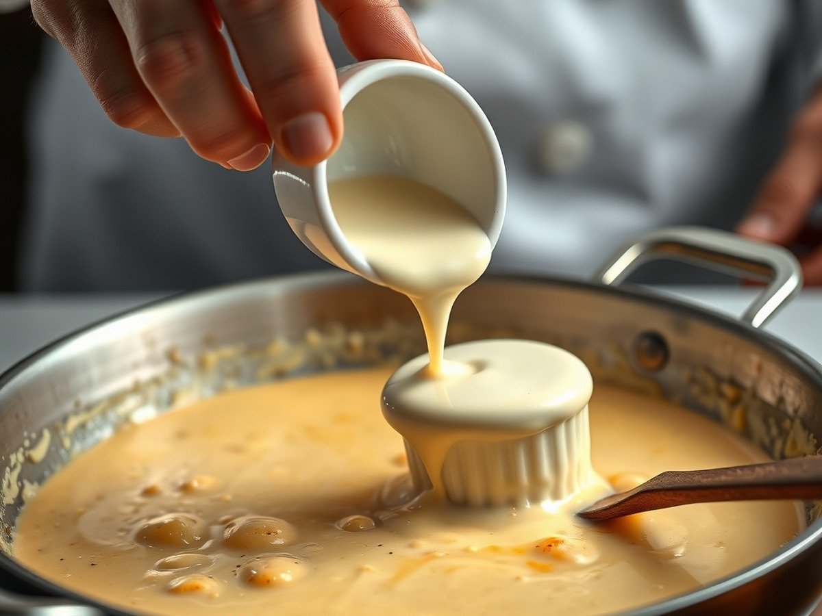 Can you use cornstarch to rescue a broken dairy sauce? final dish overhead - A chef hand pouring a cold cornstarch slurry from a small white ramekin into a simmering skillet of