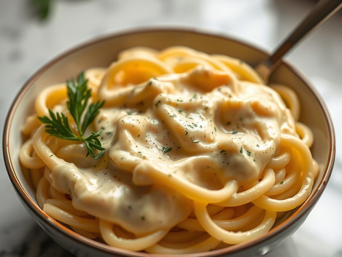 Can you use cornstarch to rescue a broken dairy sauce? plating and garnish - A bowl of rich, velvety smooth alfredo pasta sauce restored with starch, beautifully lit with soft n