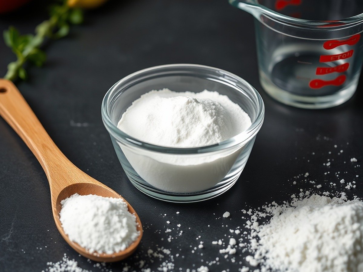 Can you use cornstarch to rescue a broken dairy sauce? preparation close-up - A small glass bowl filled with white cornstarch powder next to a wooden spoon and a measuring cup on