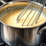 Can you use cornstarch to rescue a broken dairy sauce? recipe hero presentation - A close-up shot of a whisk stirring a glossy cream sauce in a stainless steel saucepan on a modern s