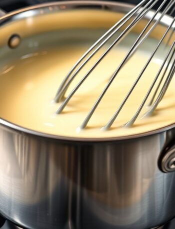 Can you use cornstarch to rescue a broken dairy sauce? recipe hero presentation - A close-up shot of a whisk stirring a glossy cream sauce in a stainless steel saucepan on a modern s