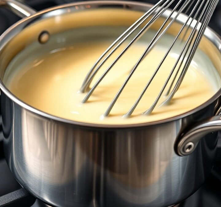 Can you use cornstarch to rescue a broken dairy sauce? recipe hero presentation - A close-up shot of a whisk stirring a glossy cream sauce in a stainless steel saucepan on a modern s
