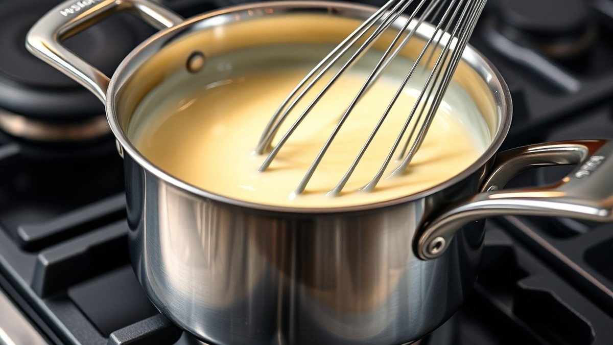 Can you use cornstarch to rescue a broken dairy sauce? recipe hero presentation - A close-up shot of a whisk stirring a glossy cream sauce in a stainless steel saucepan on a modern s