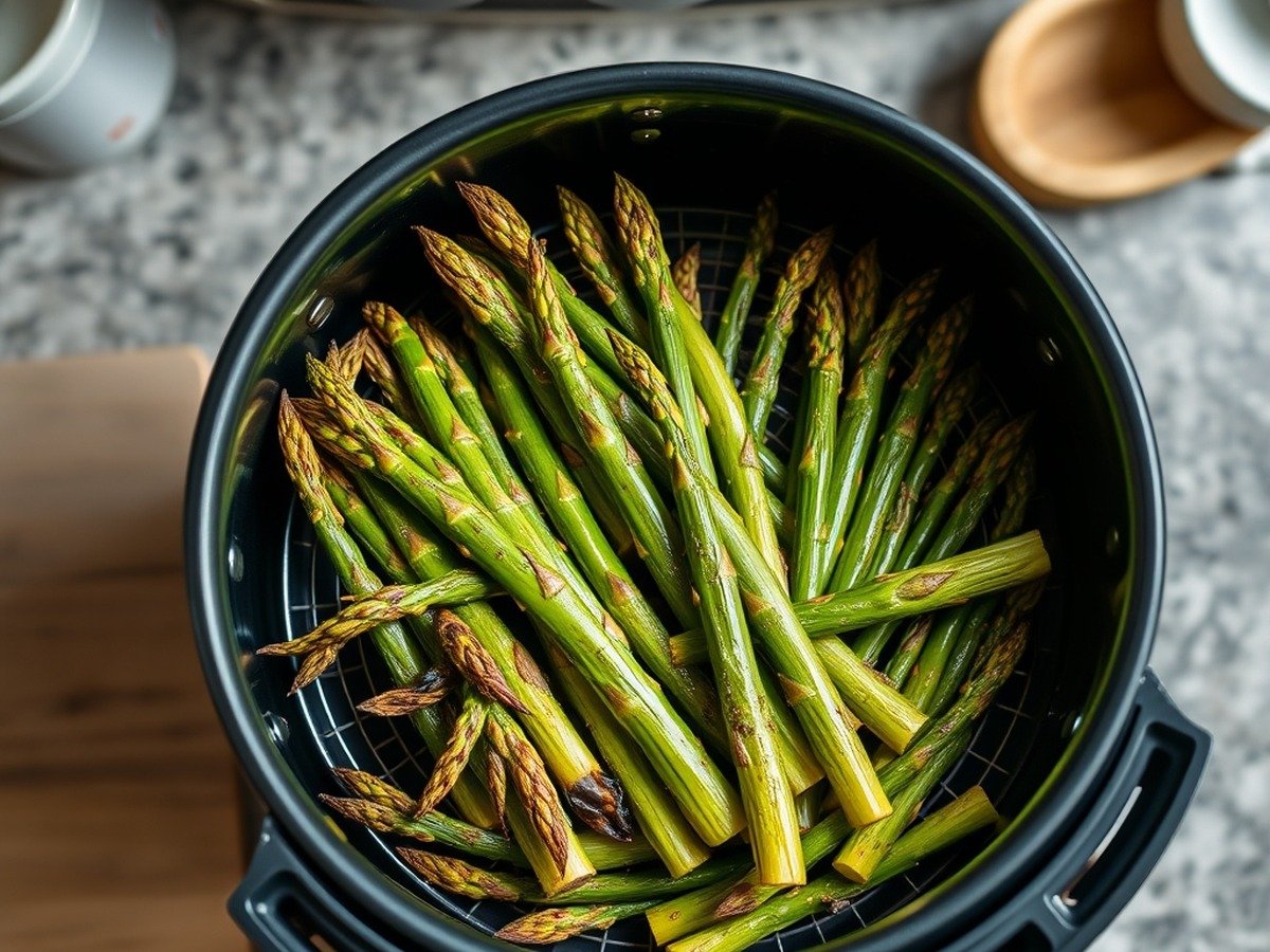 Do you need to thaw frozen asparagus before air frying? cooking process - A modern kitchen countertop with an open air fryer basket revealing perfectly cooked, roasted aspara