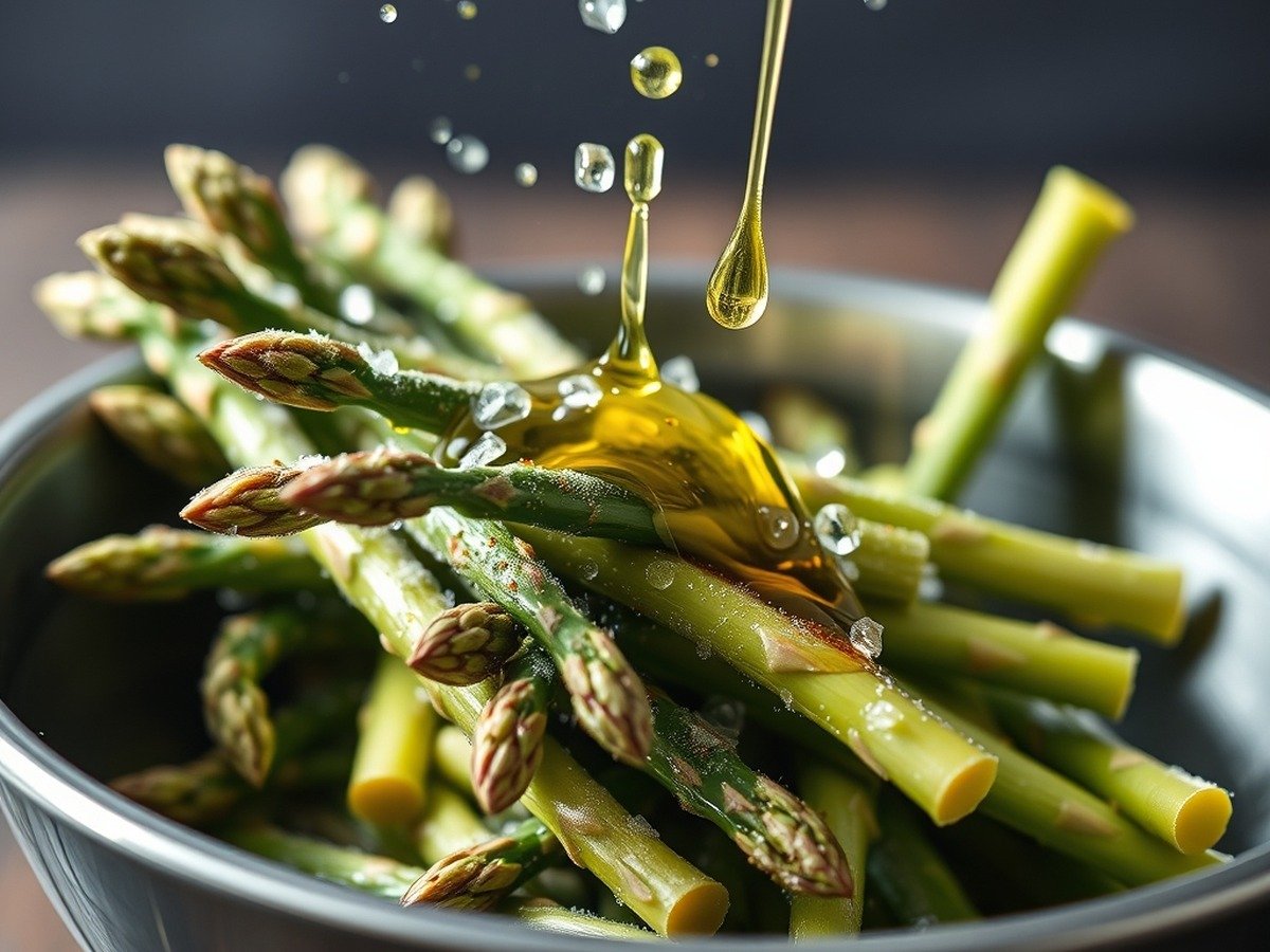 Do you need to thaw frozen asparagus before air frying? final dish overhead - Side profile view of frozen asparagus spears being tossed with avocado oil and spices in a stainless