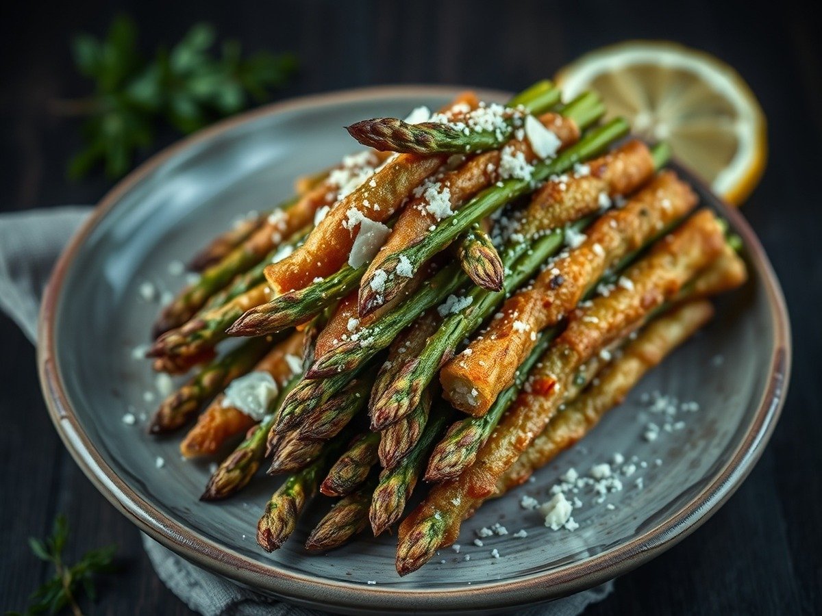 Do you need to thaw frozen asparagus before air frying? plating and garnish - A rustic ceramic plate piled high with crispy air-fried frozen asparagus, garnished with lemon wedge