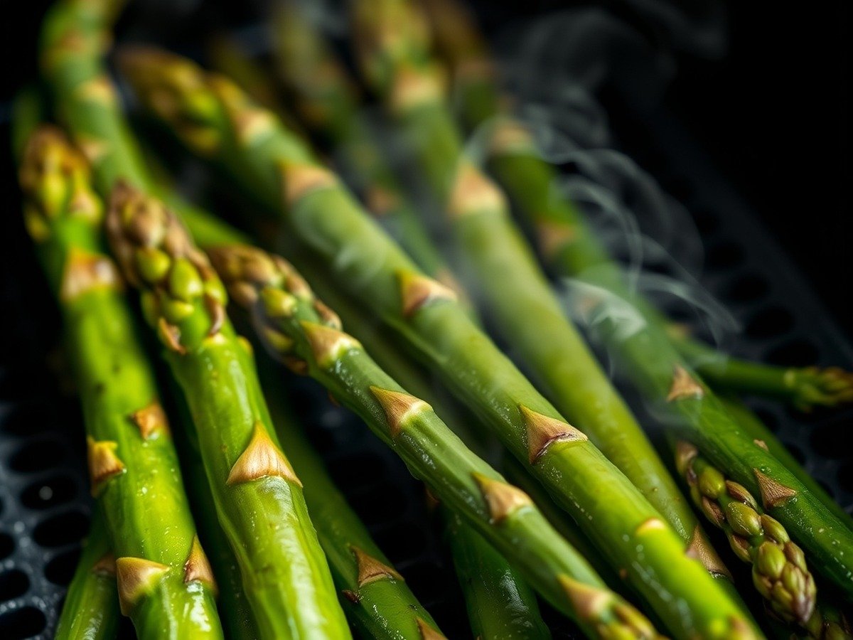 Do you need to thaw frozen asparagus before air frying? preparation close-up - Macro shot of fresh green asparagus roasting in an air fryer with steam rising, vibrant green color,