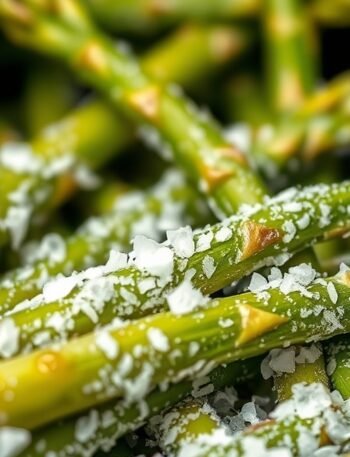 Do you need to thaw frozen asparagus before air frying? recipe hero presentation - Close up food photography of frozen green asparagus spears coated in glistening oil and sea salt ins