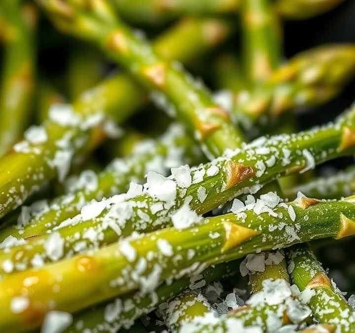 Do you need to thaw frozen asparagus before air frying? recipe hero presentation - Close up food photography of frozen green asparagus spears coated in glistening oil and sea salt ins