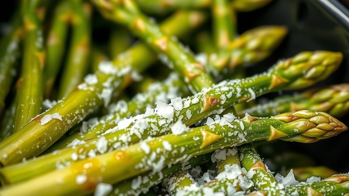 Do you need to thaw frozen asparagus before air frying? recipe hero presentation - Close up food photography of frozen green asparagus spears coated in glistening oil and sea salt ins