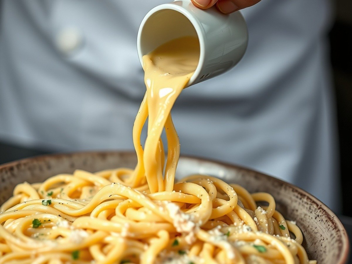 How do you fix a cream sauce that is too thick or grainy? cooking process - A chef's hand pouring warm pasta water into a thick, glossy fettuccine alfredo dish, frozen motion,