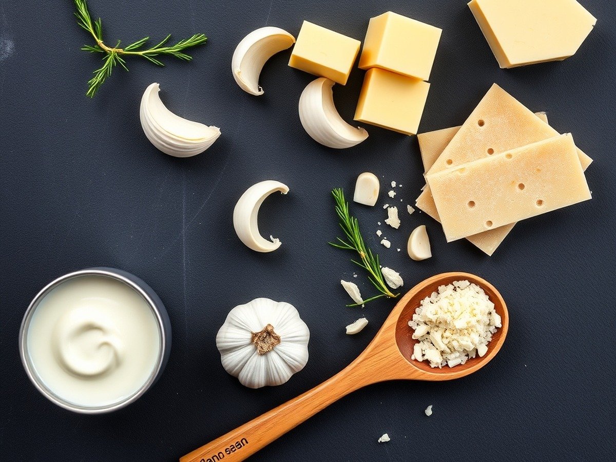 How do you fix a cream sauce that is too thick or grainy? final dish overhead - An overhead flat lay of ingredients for a classic cream sauce: heavy cream, butter, garlic cloves, p