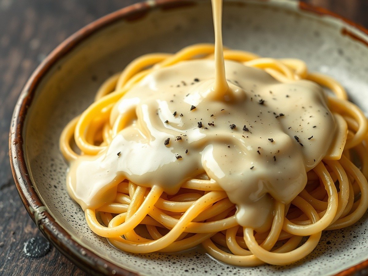 How do you fix a cream sauce that is too thick or grainy? plating and garnish - A smooth, velvety parmesan cream sauce drizzled over freshly cooked pasta on a rustic ceramic plate,