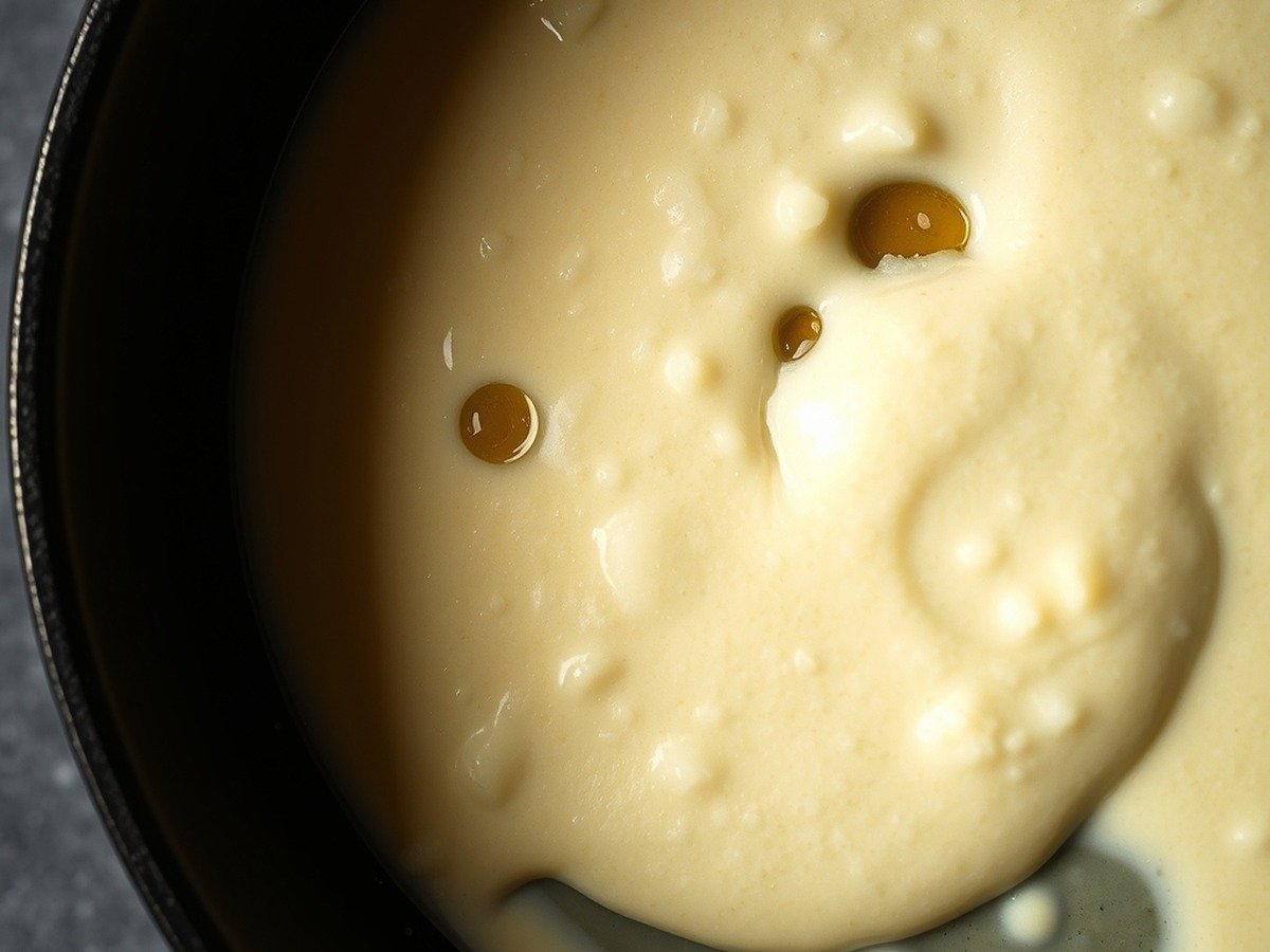 How do you fix a cream sauce that is too thick or grainy? preparation close-up - A macro shot of a grainy and broken cream sauce showing separated oil droplets in a cast-iron skille
