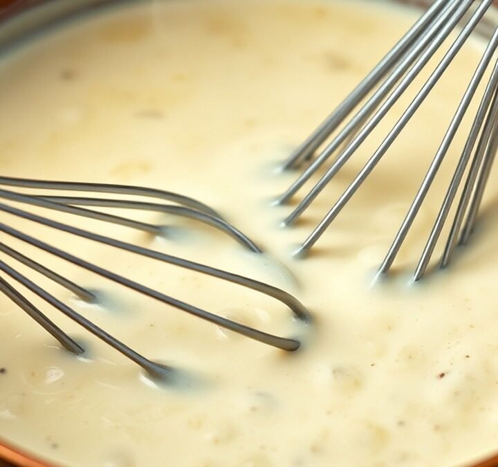 How do you fix a cream sauce that is too thick or grainy? recipe hero presentation - A close-up shot of a creamy white alfredo sauce in a copper saucepan, being whisked with a silver wh