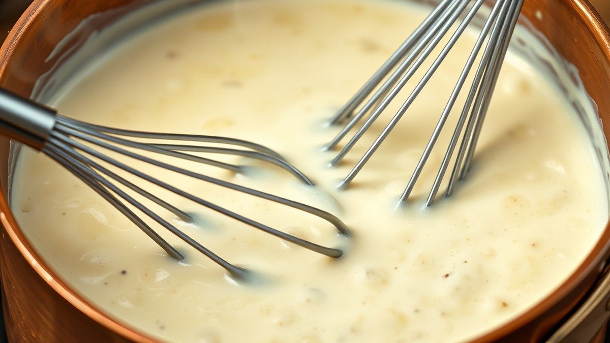 How do you fix a cream sauce that is too thick or grainy? recipe hero presentation - A close-up shot of a creamy white alfredo sauce in a copper saucepan, being whisked with a silver wh