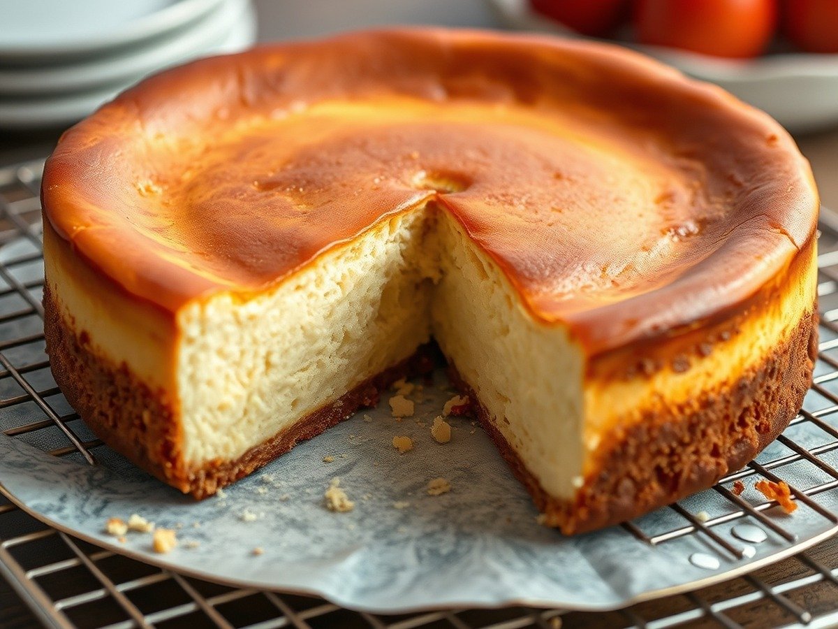 How do you fix watery cheesecake batter before baking? final dish overhead - A golden-brown baked cheesecake cooling on a wire rack with a slice cut out, showcasing a dense and