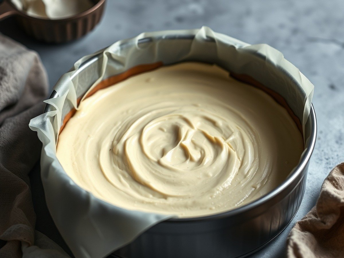 How do you fix watery cheesecake batter before baking? plating and garnish - A springform baking pan lined with parchment paper ready for thick cheesecake batter, moody lighting