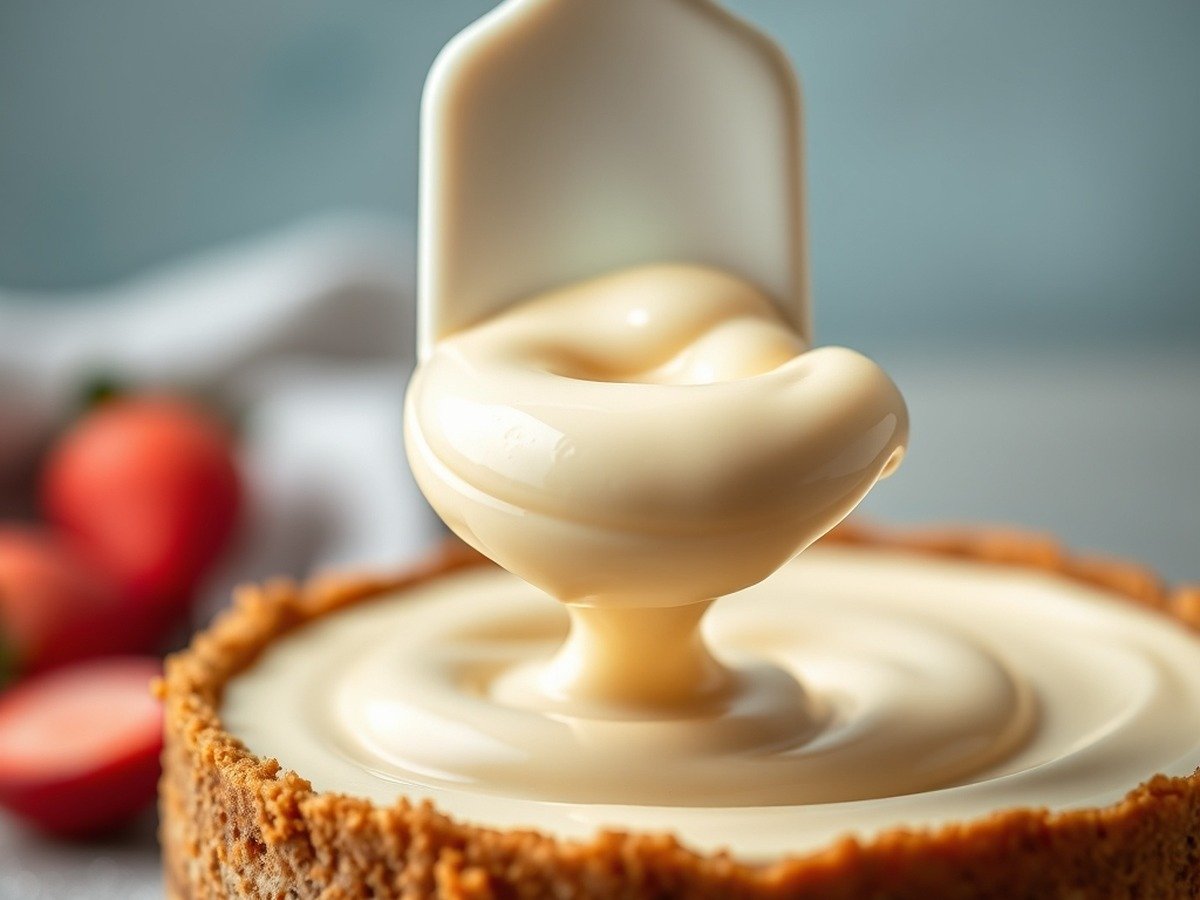 How do you fix watery cheesecake batter before baking? preparation close-up - Close-up of a silicone spatula gently lifting a ribbon of creamy, perfectly emulsified cheesecake ba