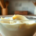 How do you fix watery cheesecake batter before baking? recipe hero presentation - A glass mixing bowl filled with smooth, thick cheesecake batter resting on a rustic wooden kitchen c