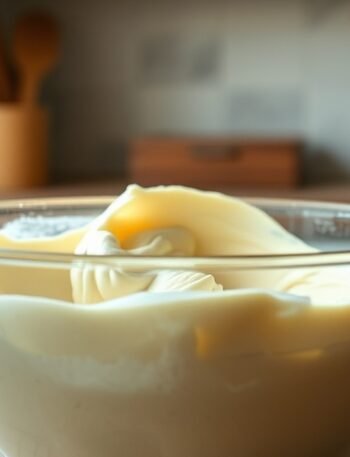 How do you fix watery cheesecake batter before baking? recipe hero presentation - A glass mixing bowl filled with smooth, thick cheesecake batter resting on a rustic wooden kitchen c