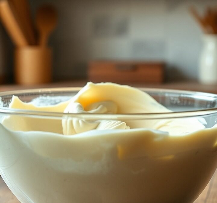How do you fix watery cheesecake batter before baking? recipe hero presentation - A glass mixing bowl filled with smooth, thick cheesecake batter resting on a rustic wooden kitchen c