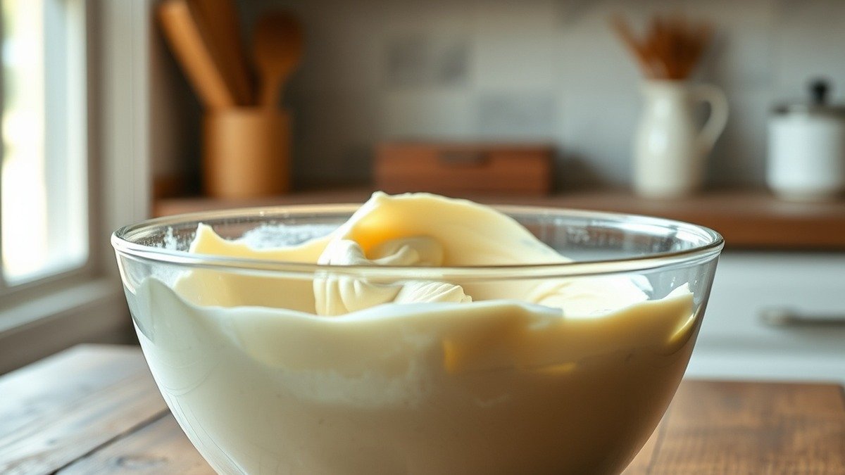 How do you fix watery cheesecake batter before baking? recipe hero presentation - A glass mixing bowl filled with smooth, thick cheesecake batter resting on a rustic wooden kitchen c