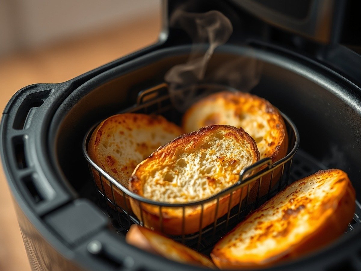 How do you keep frozen bread from drying out in the air fryer? cooking process - A modern air fryer basket containing golden-brown toasted bread slices with visible steam rising, so