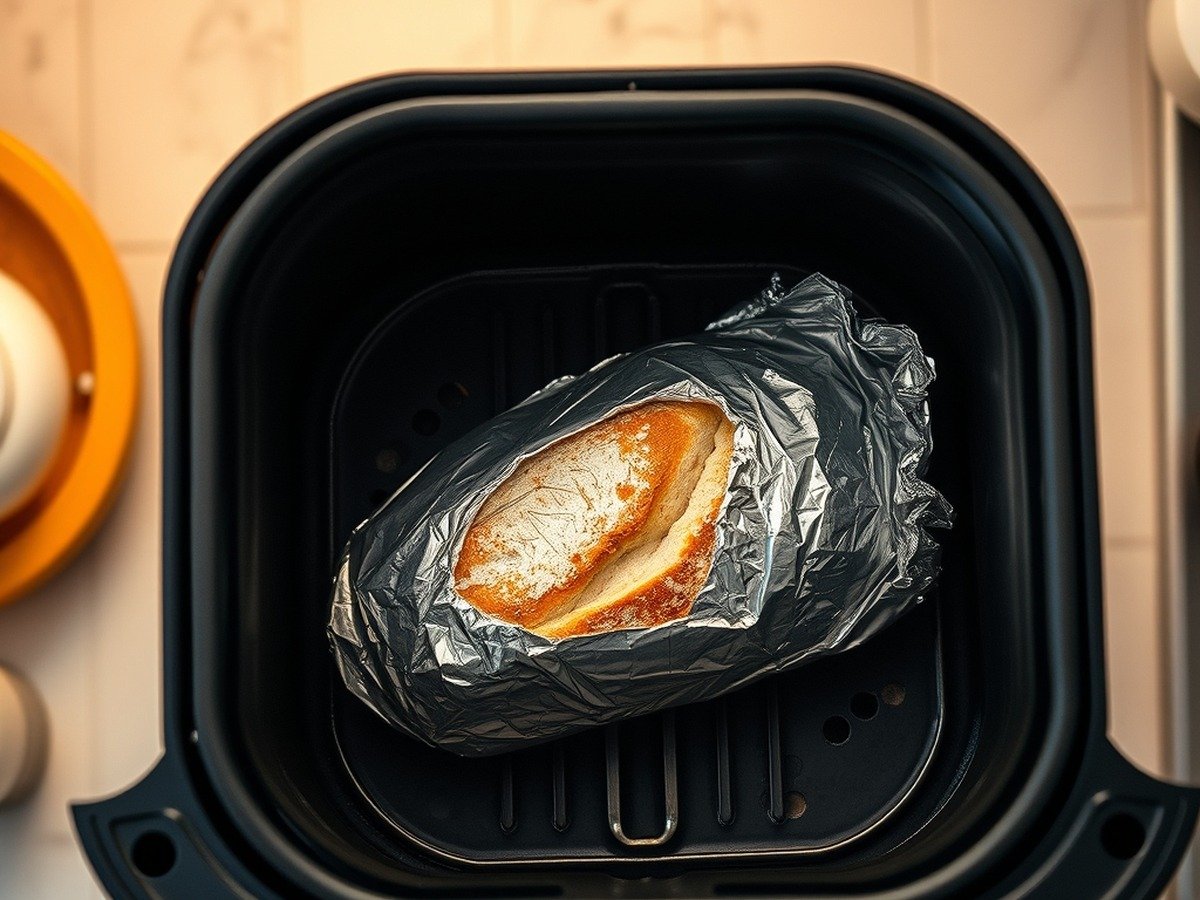 How do you keep frozen bread from drying out in the air fryer? final dish overhead - An aerial view of an open air fryer with a foil-wrapped loaf of bread gently warming inside, warm ki