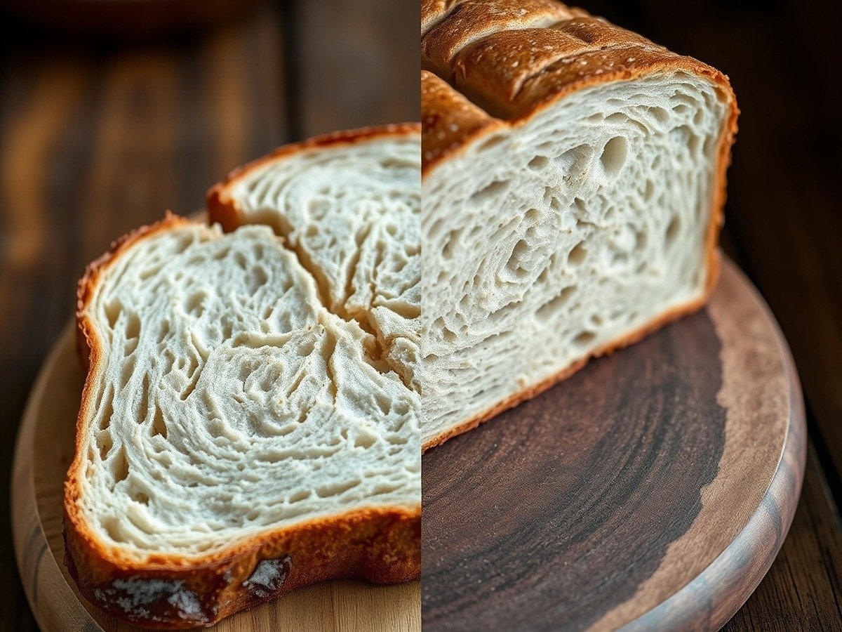How do you keep frozen bread from drying out in the air fryer? plating and garnish - A side-by-side comparison showing a dry, cracked slice of bread versus a soft, perfectly reheated pi