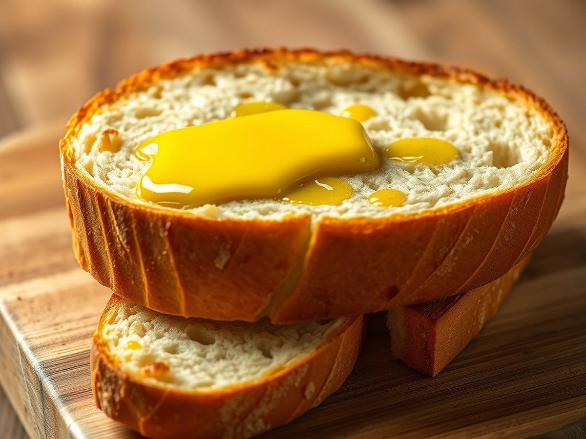 How do you keep frozen bread from drying out in the air fryer? preparation close-up - Photorealistic image of thick-cut artisanal bread brushed with golden melted butter, ready for the a