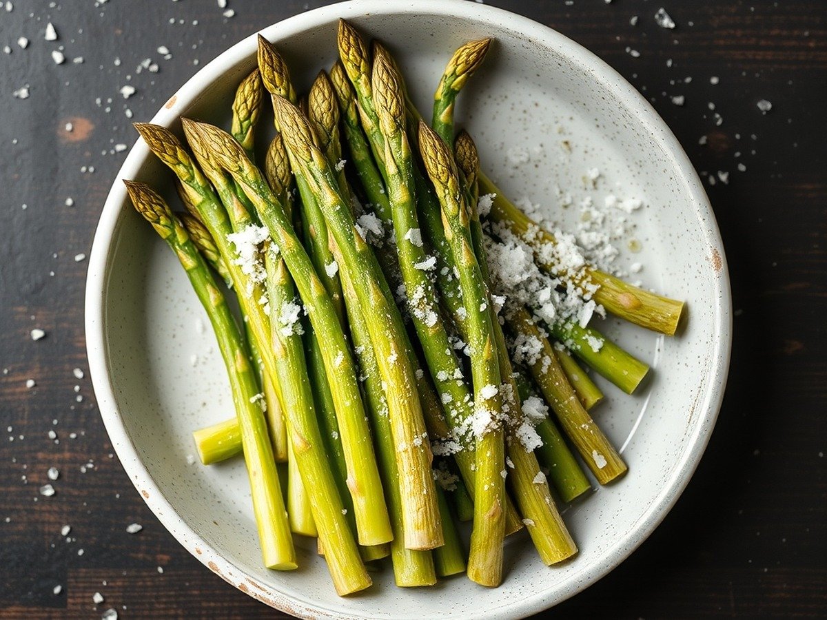 How long does frozen asparagus take to cook in an air fryer? cooking process - Overhead view of raw frozen asparagus spears being tossed with avocado oil and sea salt on a dark ru