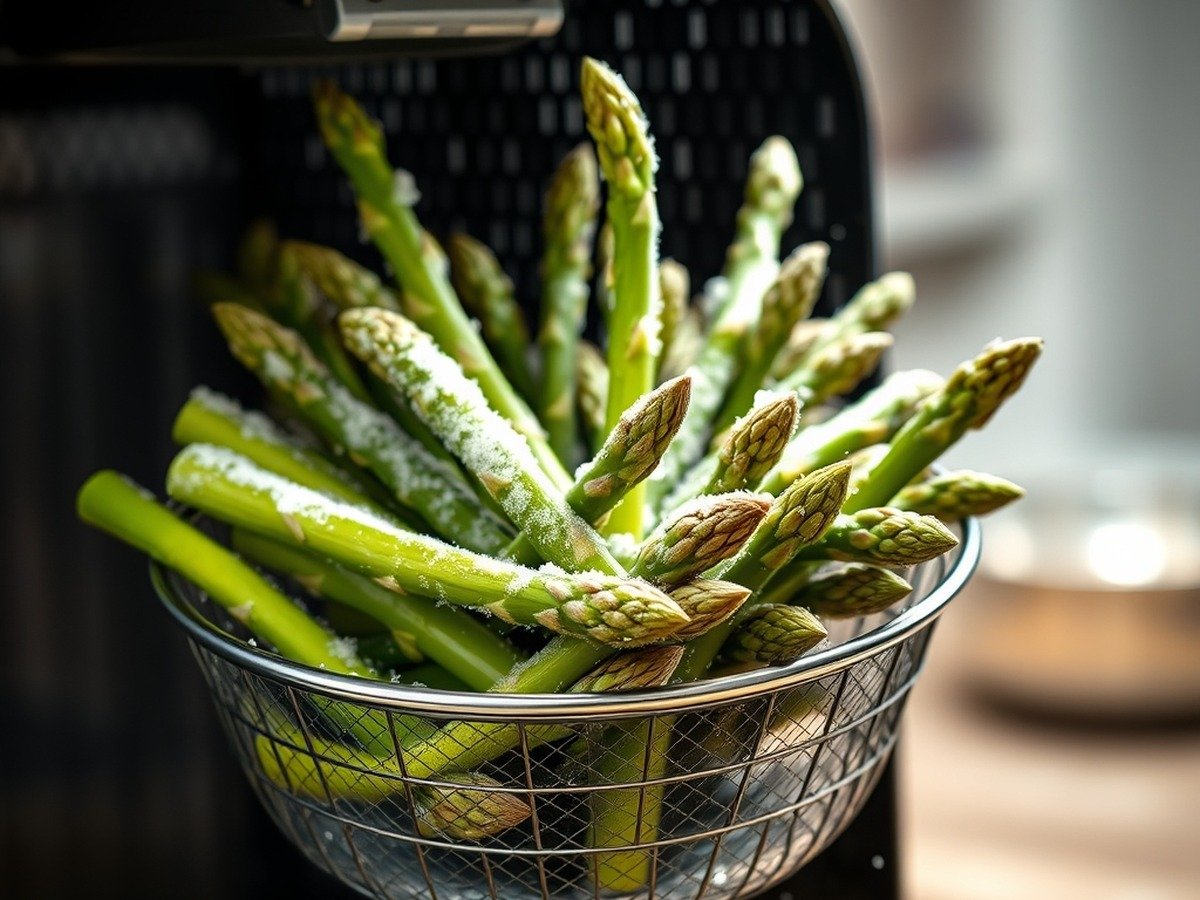 How long does frozen asparagus take to cook in an air fryer? final dish overhead - A side-angle culinary shot of an air fryer basket being shaken mid-cook, showing individual frozen a