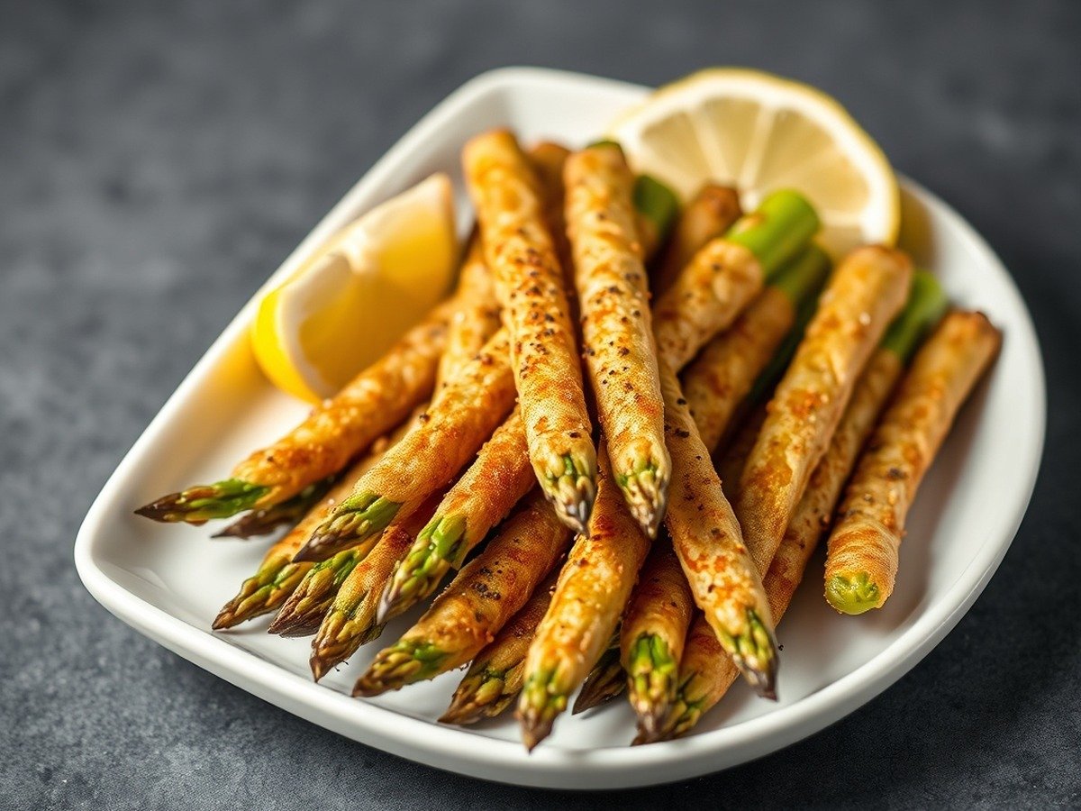 How long does frozen asparagus take to cook in an air fryer? plating and garnish - A crisp, freshly cooked batch of air-fried asparagus served on a minimalist white ceramic plate, gar