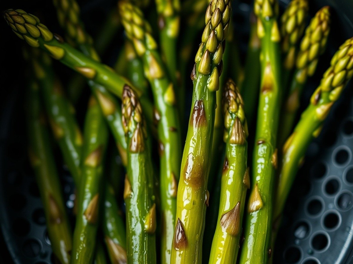 How long does frozen asparagus take to cook in an air fryer? preparation close-up - Macro food photography of roasted asparagus spears in an air fryer basket, showing slightly charred