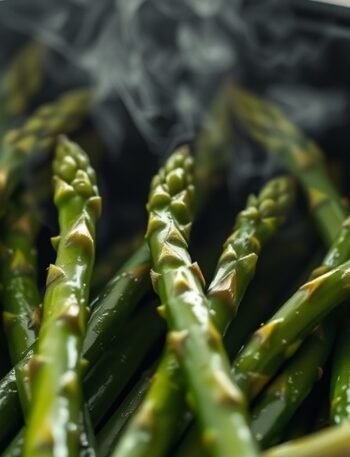How long does frozen asparagus take to cook in an air fryer? recipe hero presentation - A close-up photorealistic shot of vibrant green asparagus spears cooking inside a black air fryer ba