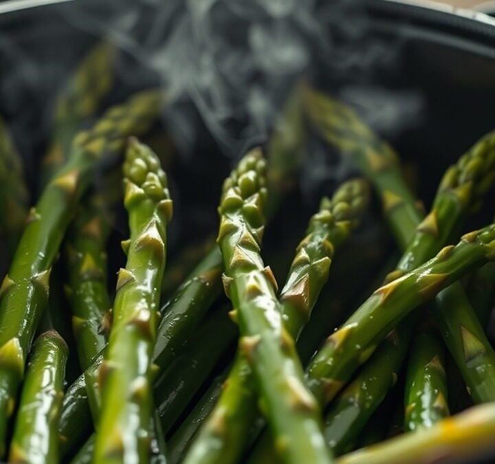 How long does frozen asparagus take to cook in an air fryer? recipe hero presentation - A close-up photorealistic shot of vibrant green asparagus spears cooking inside a black air fryer ba